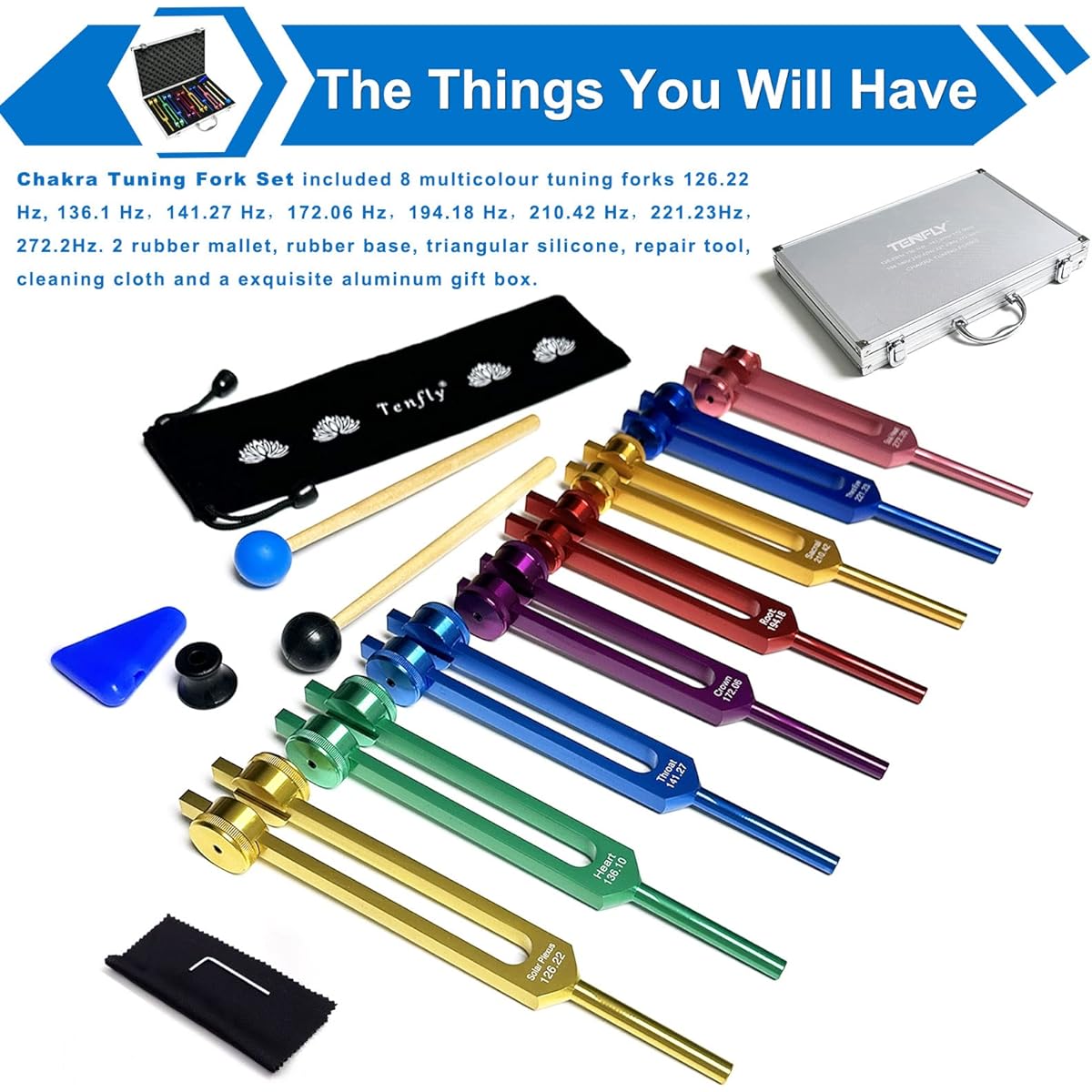 Chakra Tuning Fork Set for Healing 7 Chakras + 1 Soul Purpose Weighted Tuning Fork with Exquisite Aluminum Gift Box Multi-color (126.22 Hz 136.1 Hz 141.27 Hz 172.06 Hz etc.)