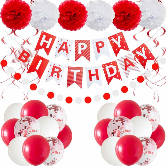 ANSOMO Red and White Happy Birthday Party Decorations with Banner and 30 Balloons