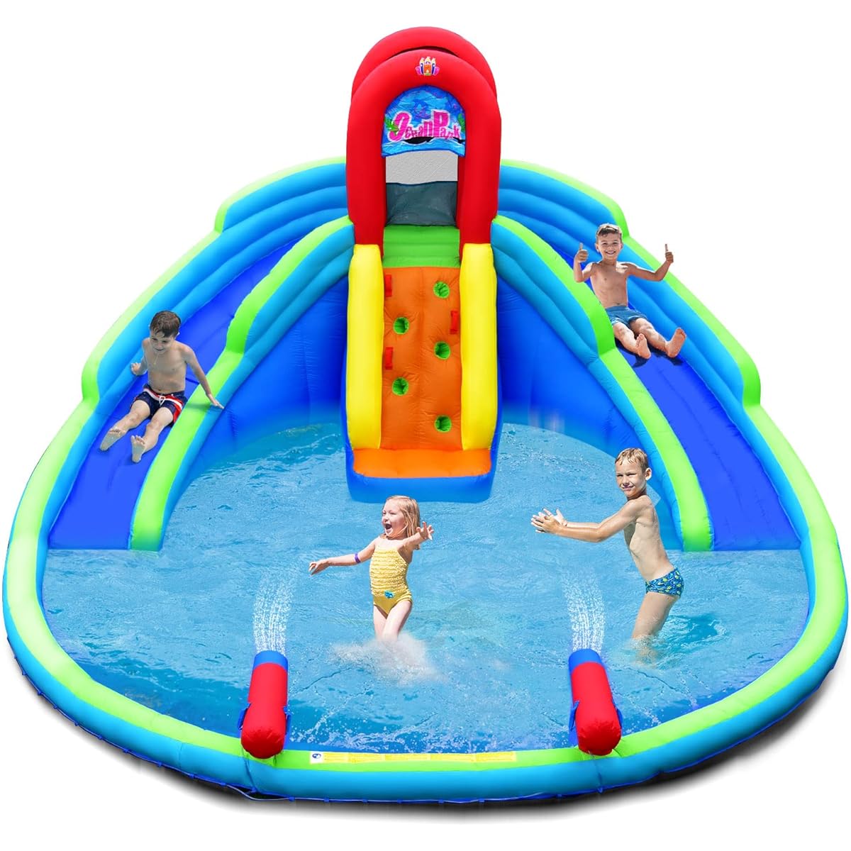 HONEY JOY Inflatable Water Slide for Kids, Jump Bounce House with Long Slide, Climbing Wall, Rugless Splash Pool, Water Cannon & Hose for Summer Fun, Backyard Blow Up Water Park (No Blower)