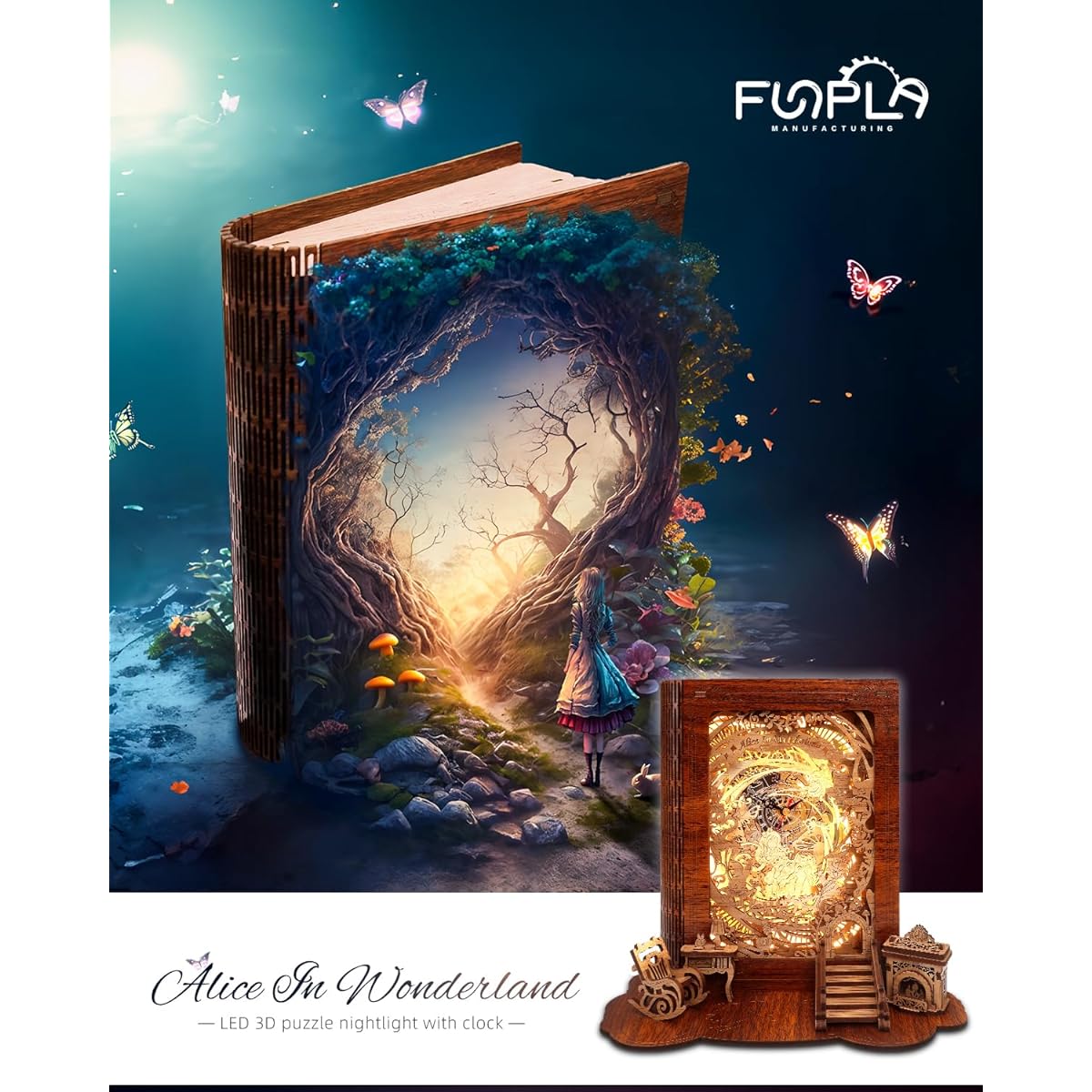 FUNPOLA Alice in Wonderland LED 3D Puzzle Night Light - DIY Book Lamp with Clock - 3D Wooden Puzzle Night Light Home Decor for Kids and Adults, BL-ALC02, Alice - Time Travel