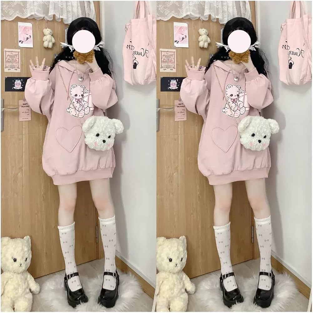 [TOWYYO] Cute Bear Pattern Heart Parka for Women, Students, Cute Girls, Long Sleeve, Hooded, Loose, Large Size, Mine Sweat Tops, Spring, Autumn