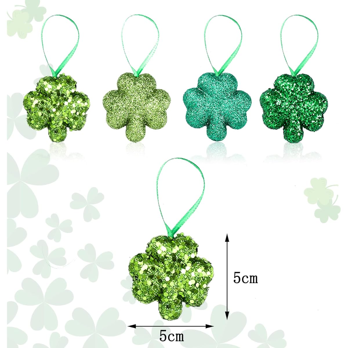 Whaline 32pcs St. Patrick's Day Ornaments Mini Glitter Shamrock Lucky Clover Hanging Bauble Trefoil Pendant Holiday Home Tree Table Shelf Window Door Festival Decoration