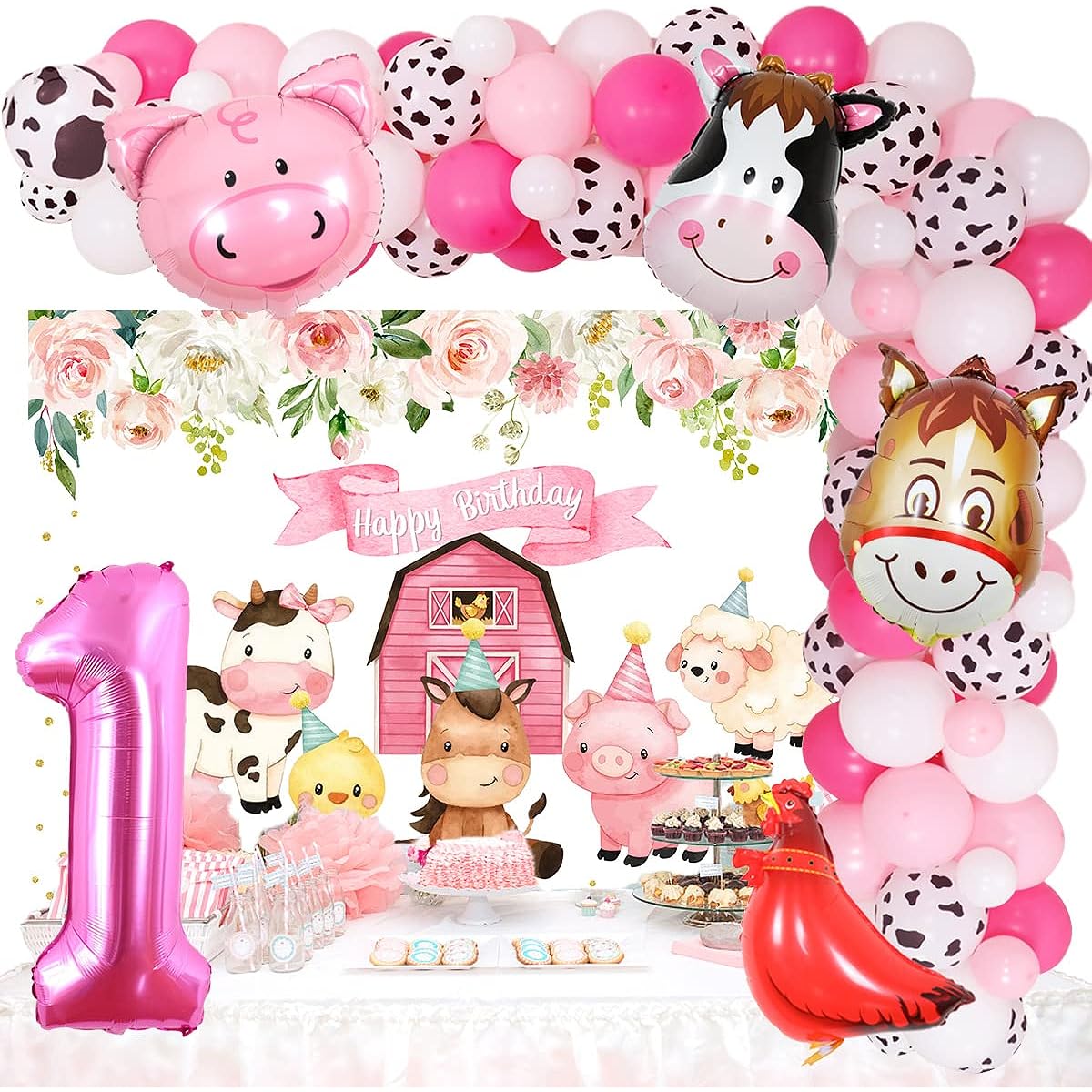 Farm Animals 1st Birthday Decorations for Girls Pink Farmhouse Balloon Garland Party Supplies Barnyard Flower Birthday Backdrop Animal Farm Balloons Baby Shower Party Decorations for Girls