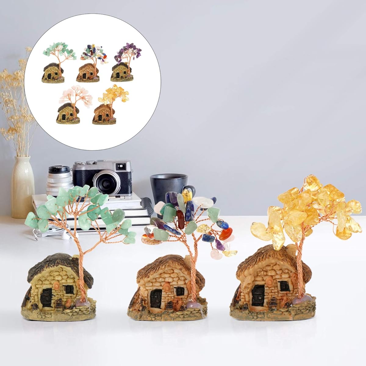 Prosperity Decor 5pcs Lucky Money Tree Chakra Gem Tree Fairy House Mini Villa House Feng Shui for Wealth Bonsai Feng Shui Tabletop Decor Fairy House Accessories Money Tree Bonsai