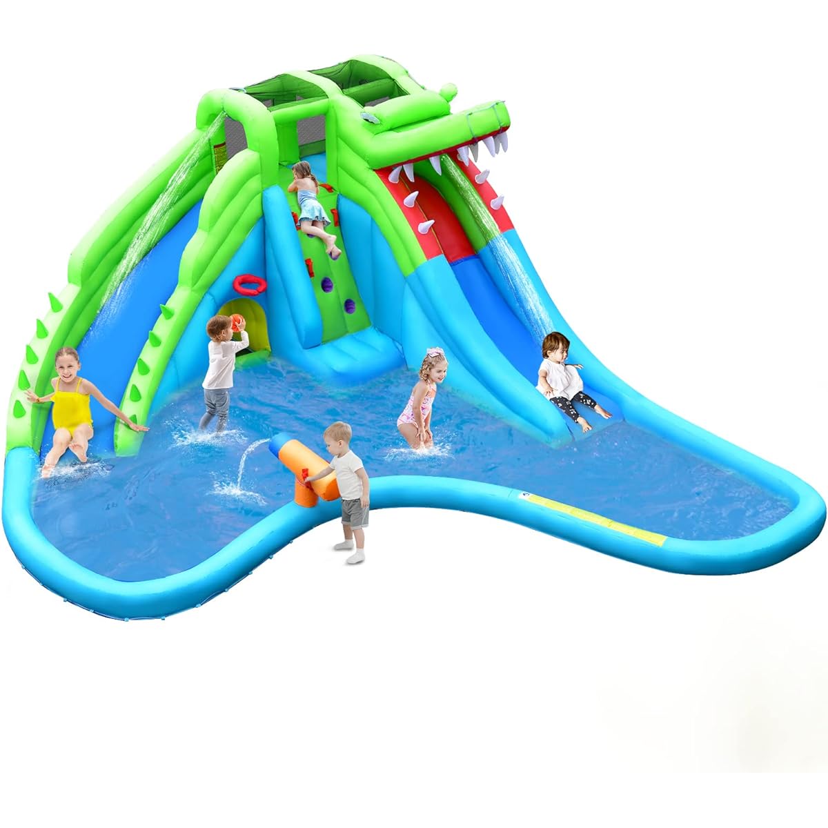 HONEY JOY Inflatable Water Slide for Kids, 7-in-1 Crocodile Splash and Slide Water Castle with Climb Wall & Long Slide, Crawl Tunnel & Splash Pool, Outdoor Blow Up Water Park for Backyard (No Blower)
