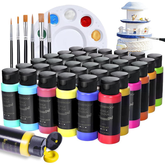 Colorful Acrylic Paint Set for Canvas Painting, 36 Colors (60ml 2oz), 6 Brushes, 1 Palette - Permanent Art Craft Paints Gifts for Kids/Beginners/Adults/Artists - Non-Toxic Painting Supplies Kit, Perfect for Ceramic/Rock/Wood Painting