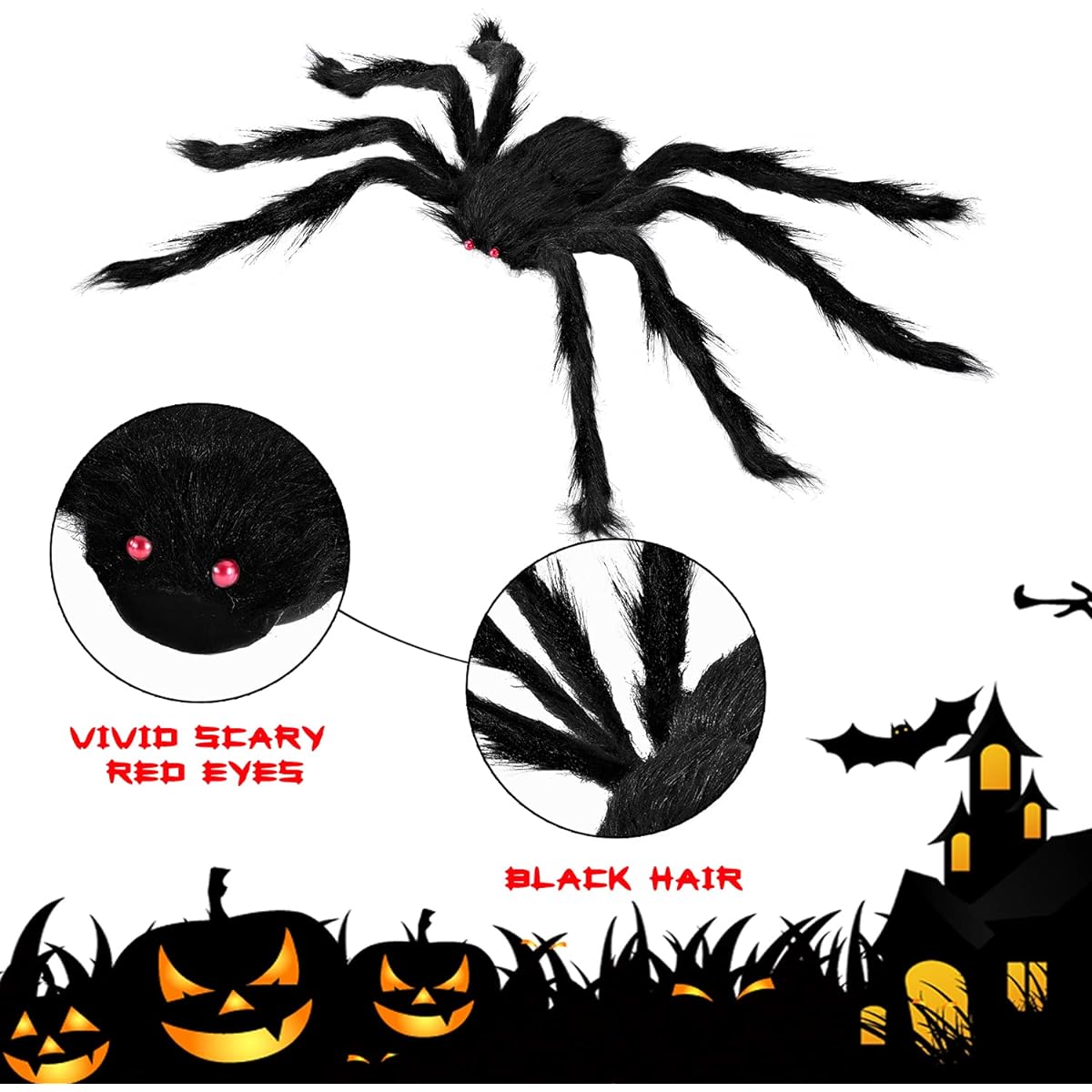 Halloween 5-Pack Black Hair Spiders (47", 35", 30", 24")