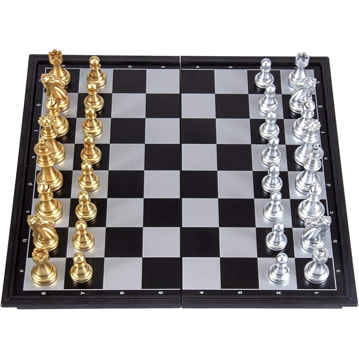 AMEROUS Magetic Travel Chess Set, Plastic Portable Folding Chess Board Game with Gold and Silver Chess Pieces - 2 Extra Queens - Storage Bag for Chessmen, for Beginners, Kids and Adults