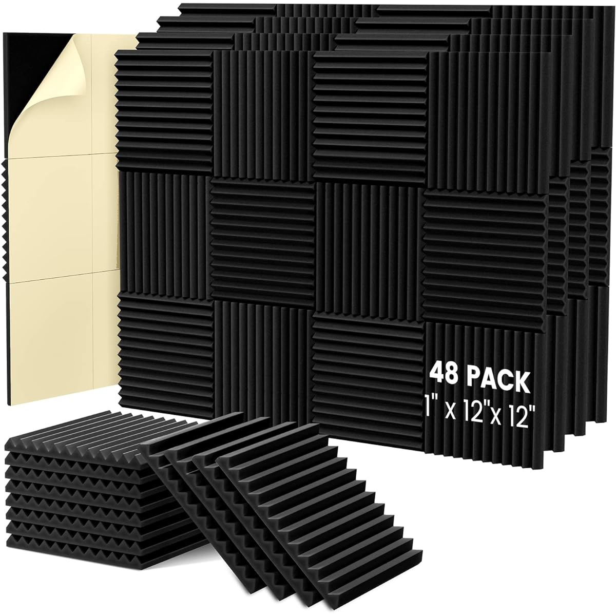 Soncism Acoustic Foam Panels Soundproofing Foam 12" x 12" x 1" Black Pack of 48
