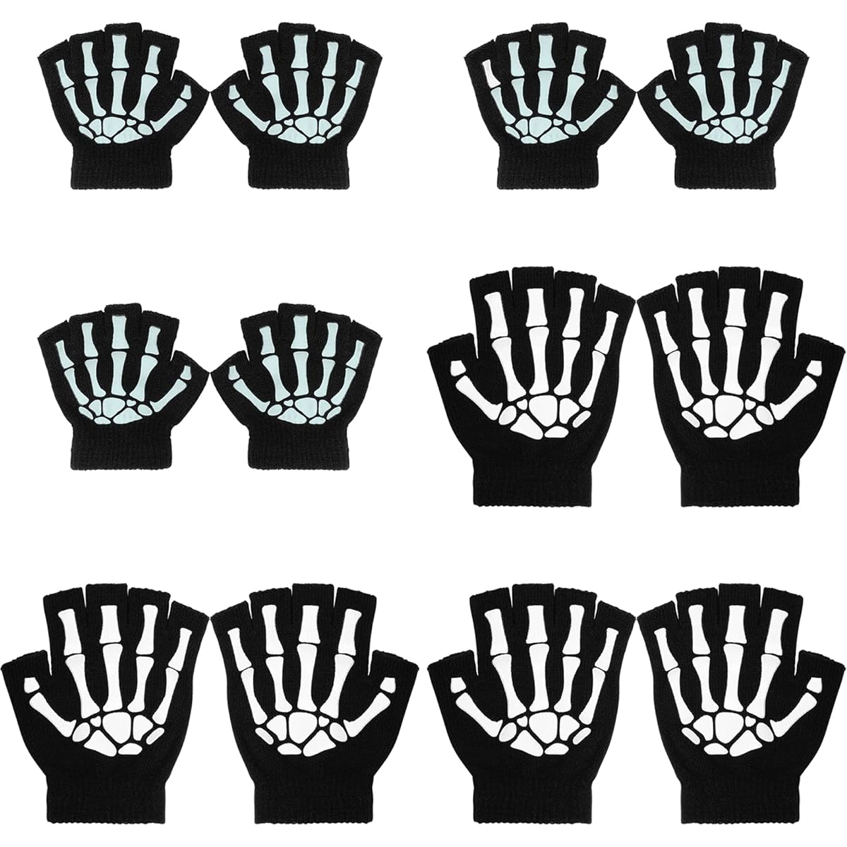 Tongcloud 6 Pairs Uni Elastic Hand Warmers Skeleton Knit Glow in the Dark for Adults and Kids, Black, Medium