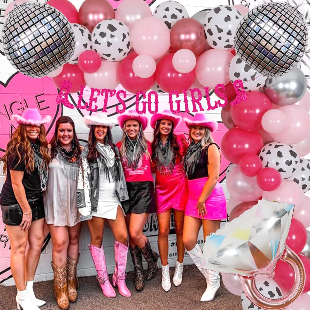 Cowgirl Bachelorette Party Supplies, Hot Pink Let's Go Girls Banner Balloon Garland Kit with Disco Balloon Ring Decorations, Nashville Bridal Bachelorette Party Decorations for Women