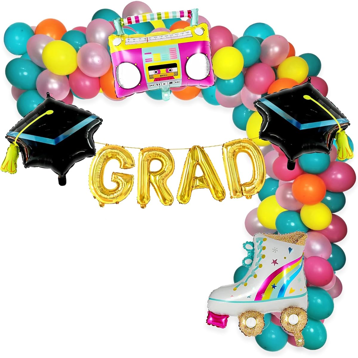80's and 90's Graduation Party Decorations, 90 Piece Balloon Arch Garland Kit Includes Rainbow Roller Skate Boom Box Balloon Latex Balloon Party Supplies. 80's and 90's hip hop graduation party supplies.