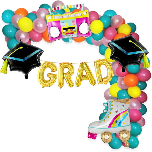 80's and 90's Graduation Party Decorations, 90 Piece Balloon Arch Garland Kit Includes Rainbow Roller Skate Boom Box Balloon Latex Balloon Party Supplies. 80's and 90's hip hop graduation party supplies.