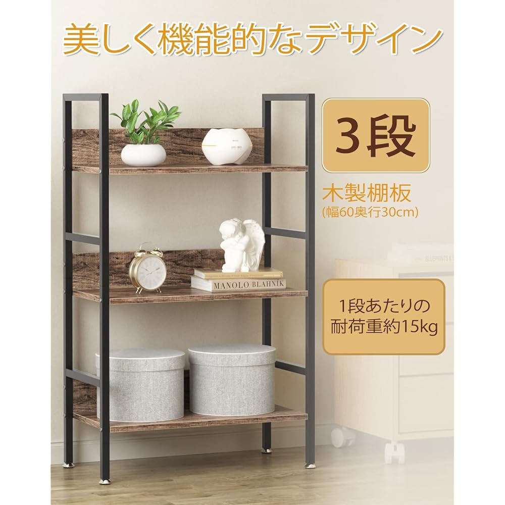 DEWEL Rack, Shelf Storage, Open Rack, Storage Rack, Width 60 x Depth 30 x Height 100 cm, Wooden Shelf Board, Steel Rack, Open Shelf, Display Rack, Steel Legs, Wood Grain, Decorative Shelf, Cupboard, Gap Storage, Easy to Assemble (3 Tiers)