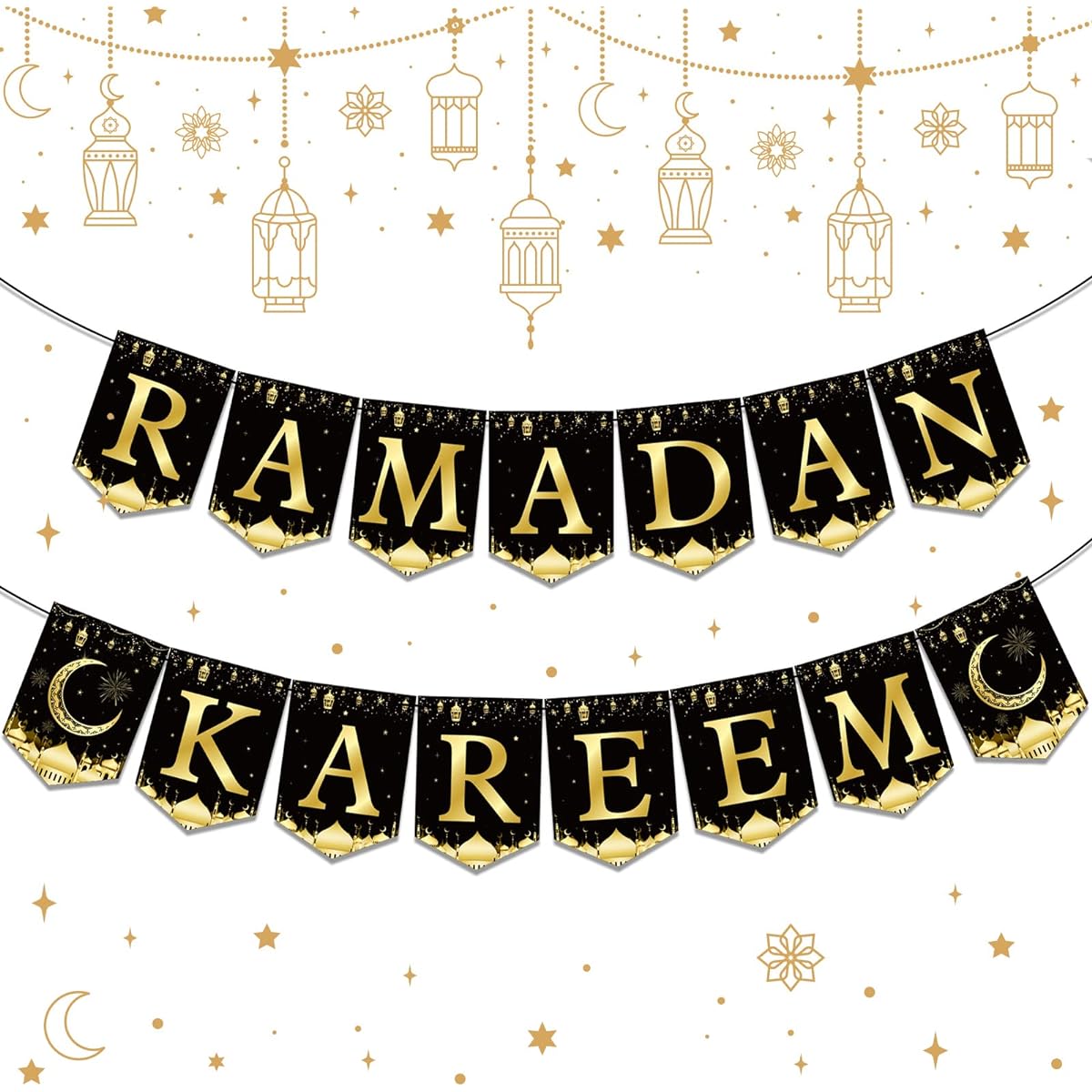 Ramadan Mubarak Banner Party Decorations Black Gold Moon Lantern Hanging Bunting Ramadan Kareem Hanging Banner Party Supplies Home Wall Window Door Fireplace Mantle Ramadan EID Party Favors
