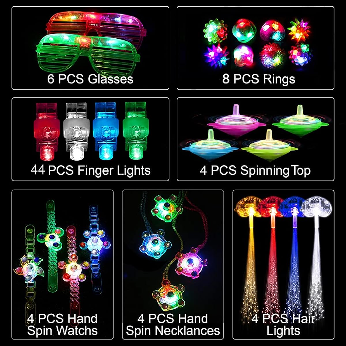 74pcs Light Up Toys Party Supplies Glow in the Dark Party Supplies for Kids Adults 44 Fingers 8 Jelly Rings 4 Glasses 4 Bracelets 4 Necklaces 4 Fiber Optic Hair Lights 4 Spinning Tops
