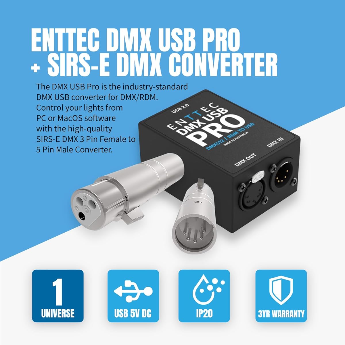 Enttec DMX USB Pro 70304 Lighting Controller Interface & SIRS-E 70029 5P Male to 3P Female Adapter (Bundle)