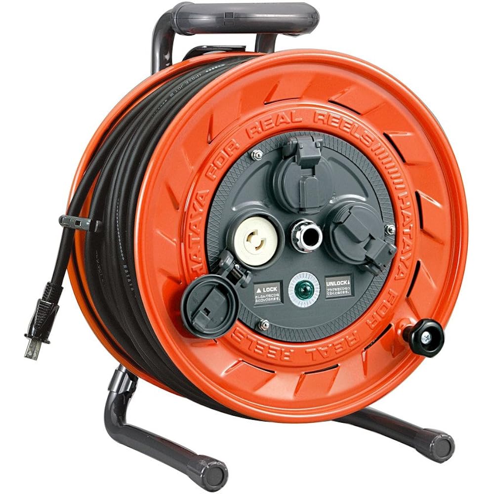 HATAYA Cord Reel for Indoor Use, 100V Type, Cord 20m, Thickness 2.0㎟, Standard Type, Built-in Temperature Sensor (Wire Melt Prevention Function), Non-removal Type, 3 Outlets, Outlet Dustproof Cap, Built-in Pilot Lamp, For Home Use, Factory Use, Construct