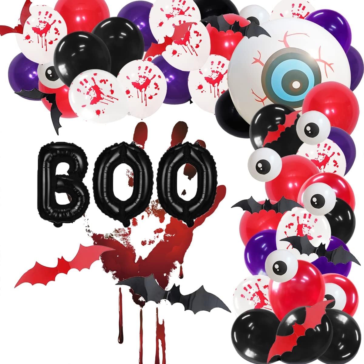 Halloween Balloon Garland Arch Kit 179 Pieces Red Black Purple Latex Balloons Ghost Foil Balloons Black Red 3D Plastic Bats for Halloween Theme Party Backdrop Classroom Decoration