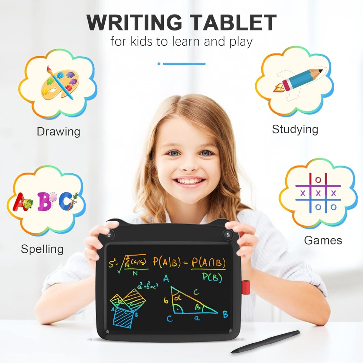 Kids Toys LCD Writing Tablet 9 Inch Colorful Screen Doodle Board Erasable Portable Drawing Pad Birthday Christmas (Black)