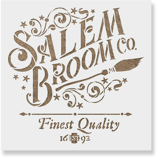 Salem Broom Witch Sign Halloween Stencil - Reusable Stencil for Painting - DIY Salem Broom Witch Sign Halloween Home Decor, 20"x20", White