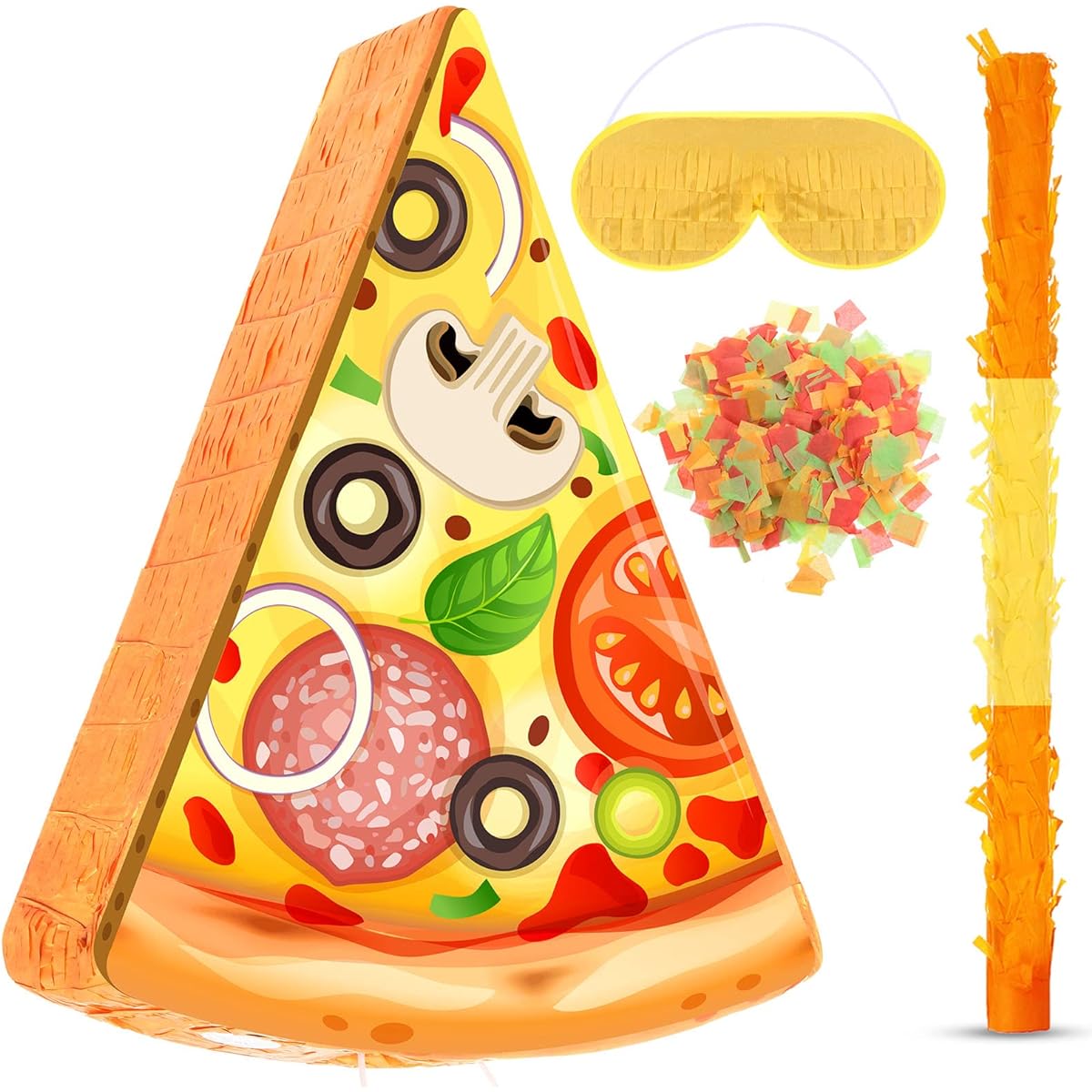 Pizza Pinata, Mexican Pinata Party Favors with Stick Blindfold Bat and Confetti Pizza Pinata for Birthday Party Cinco de Mayo Pinata Mexican Theme Party Supplies 16.1 x 13 x 3.2 Inches