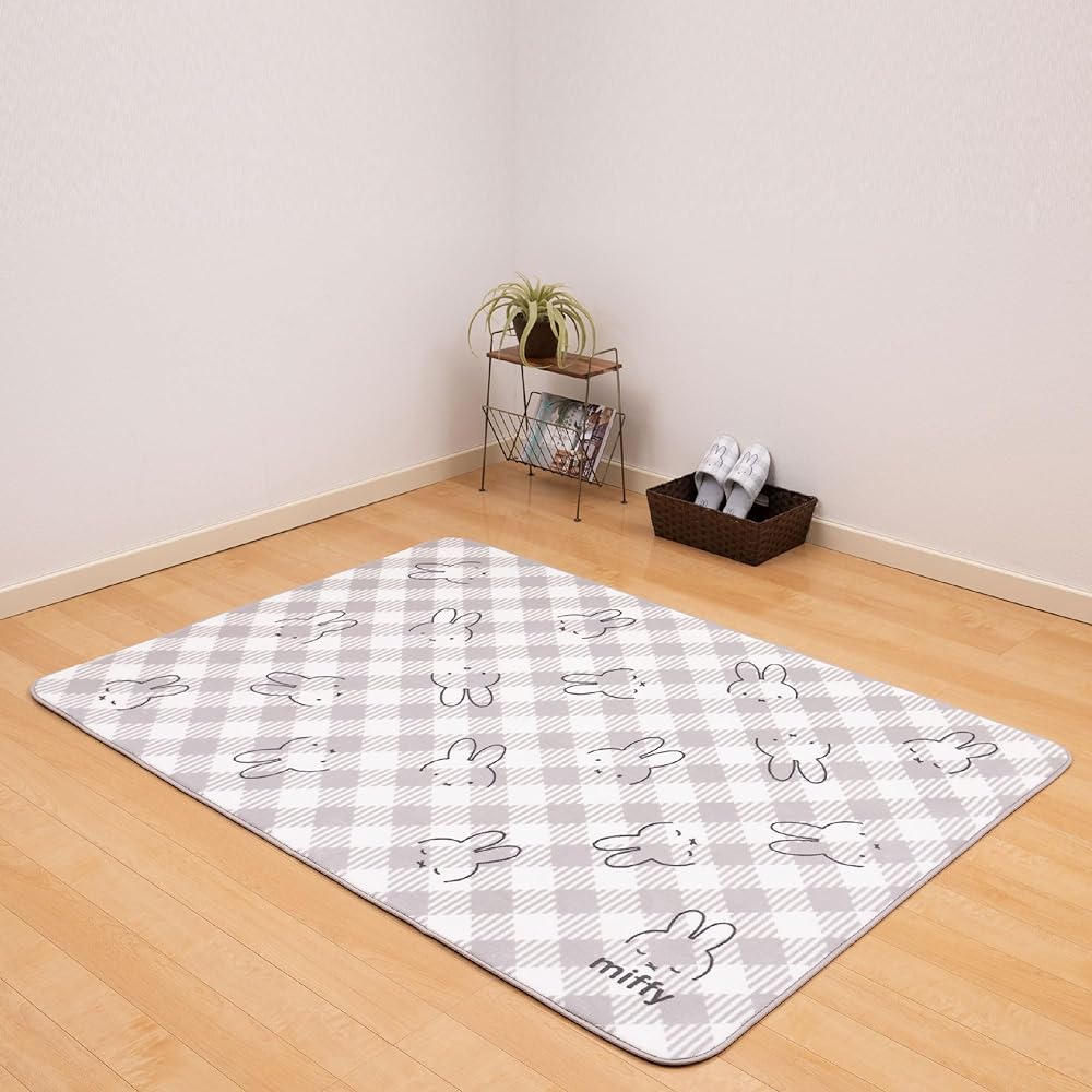Senko Miffy Checkline Rug Mat Approx. 130 x 180cm Gray Character Compatible with floor heating Cute Fluffy Soft Warm Washable 28152