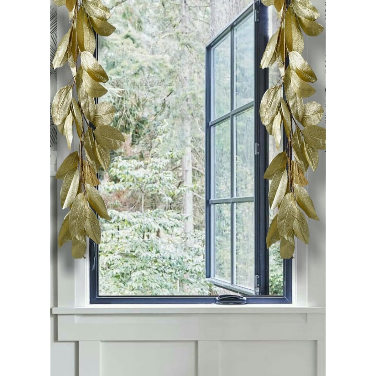 Serene Spaces Living 55" Long Glitter Gold Magnolia Leaf Garland Perfect for Wedding and Store Displays, Window Sills, Fall Decor, and Holiday Decorations