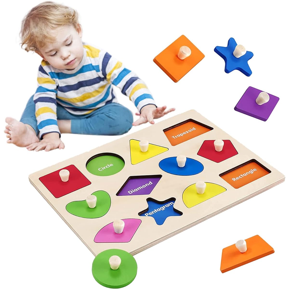 Montessori Toy Wooden Shape Peg Puzzle Montessori Baby Puzzle Geometric Shape Puzzle with Board Knob Wooden Puzzle for Kindergarten Children 1-3 Years Old