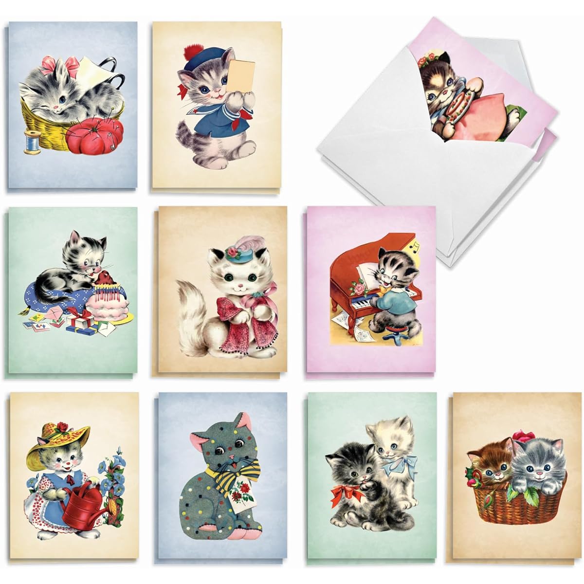 The Best Card Company AM10026OCB-B2x10 Blank Note Cards Box Set with Envelopes (10 Designs, 2 of Each), Vintage Cat, Set of 20