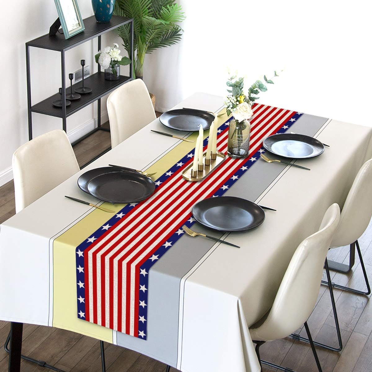 Linen 13x72 Inch Independence Day Table Runner American Stars and Stripes Tablecloth Independence Day Kitchen Dining Table Patriotic Decor (Red)