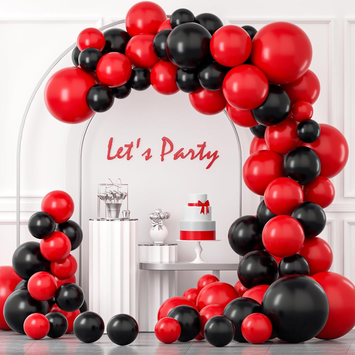 Black and Red Balloon Garland Arch Kit, 115pcs 18 12 10 5 inch Latex Balloons Arch Kit for Graduation Baby Shower Birthday Party Wedding BBQ Casino with Balloon Strips Red and Black Ribbons