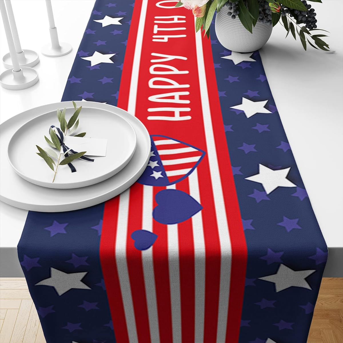 Happy 4th of July Table Runner USA Hearts Patriotic Stars Blue and Red Stripes Kitchen Dining Table Decor Outdoor Indoor Party Decorations Burlap 12x72 Inch - YU-0704-4A