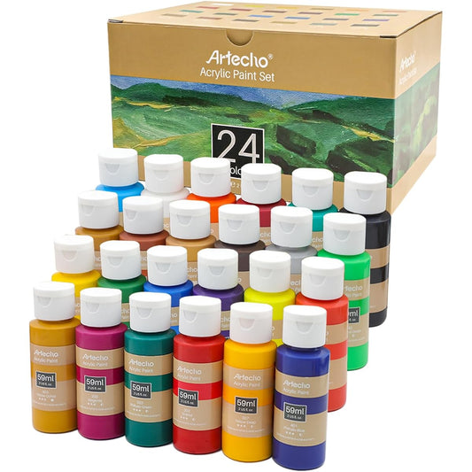 Artecho Acrylic Paint Set, 24 Colors, 59ml/2oz Primary Acrylic Paints for Outdoor Decor, Art Painting, Wood Fabric, Shoes, Rock, Craft & Canvas Supplies