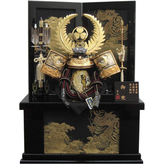 Wearing helmet, May doll, storage, Tokugawa Ieyasu, 23-size gold wearing helmet (pure silk lacing, raised engraving), width 60 cm, gold-painted golden dragon storage decoration, helmet decoration