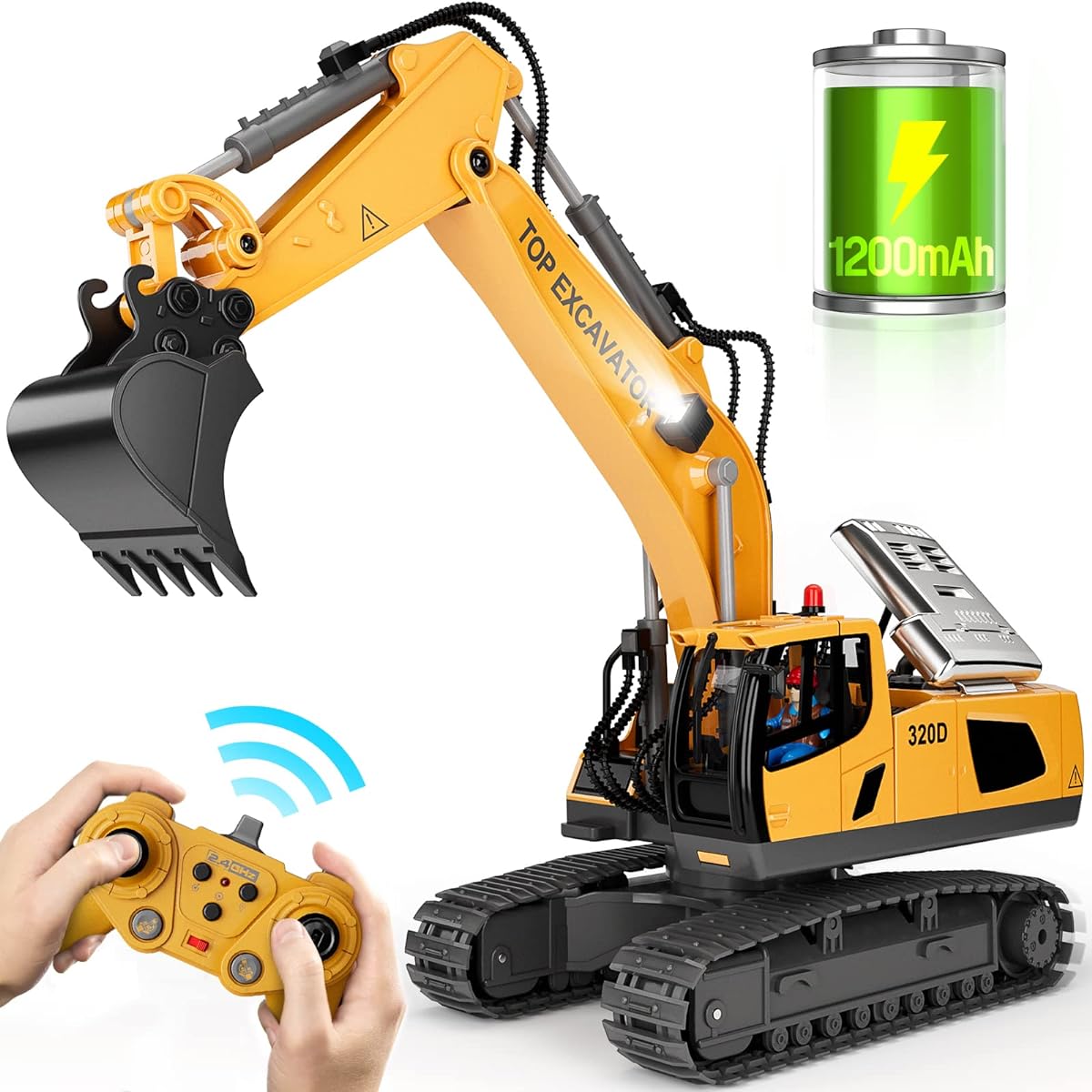 Remote Control Excavator Construction Toy for Boys, 2x1200mAh RC Excavator Toy with Metal Shovel & Light, 11CH Excavator Toy for Boys 3-5 4-7 8-12 Years Old Kids 2023 Christmas Birthday Gift, Over 120 Minutes