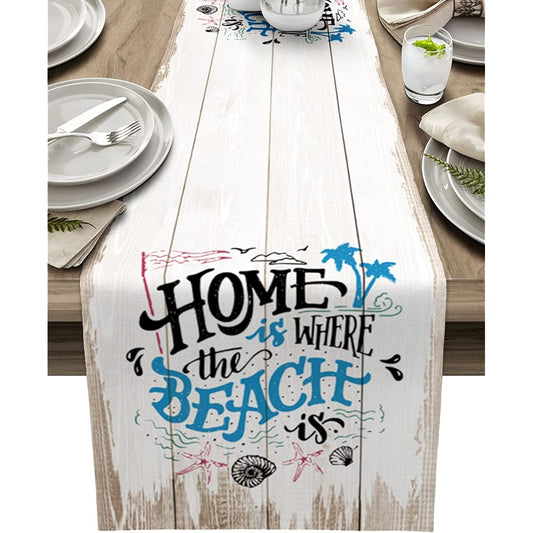 ARTSHOWING Summer Marine Life Decorative Table Runner 13 x 36 Inch Linen Texture Table Runner for Kitchen Dining Wedding Party Home Decoration Starfish Shell Palm Tree Beach Wood Plank