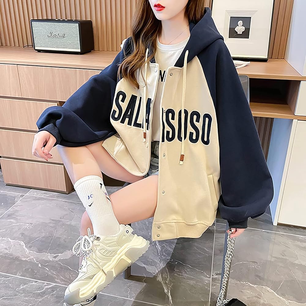 [MMTYRM] Zip Up Parka Women's Hooded Sweatshirt Stylish Jacket Big Silhouette Tops Bicolor Women's Loose Hoodie Large Size Parka