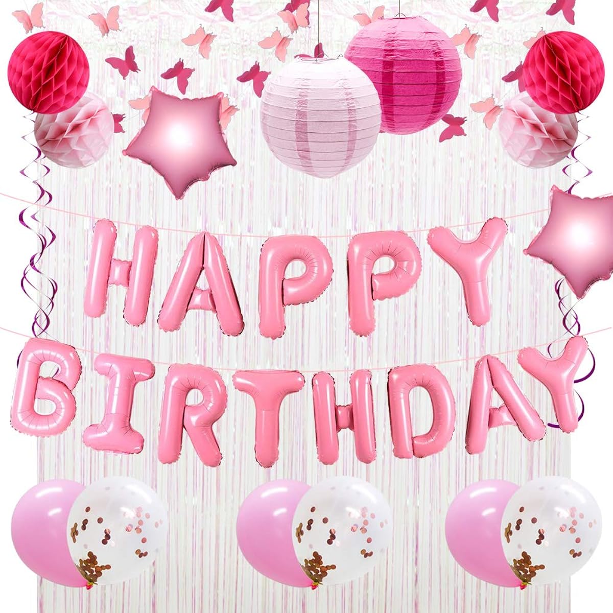 Happy Birthday Balloons Decoration Banner Pink Butterfly Garland Birthday Party Balloons Paper Lanterns Honeycomb Balls Party Hanging Swirl Ribbons Foil Fringe Curtains
