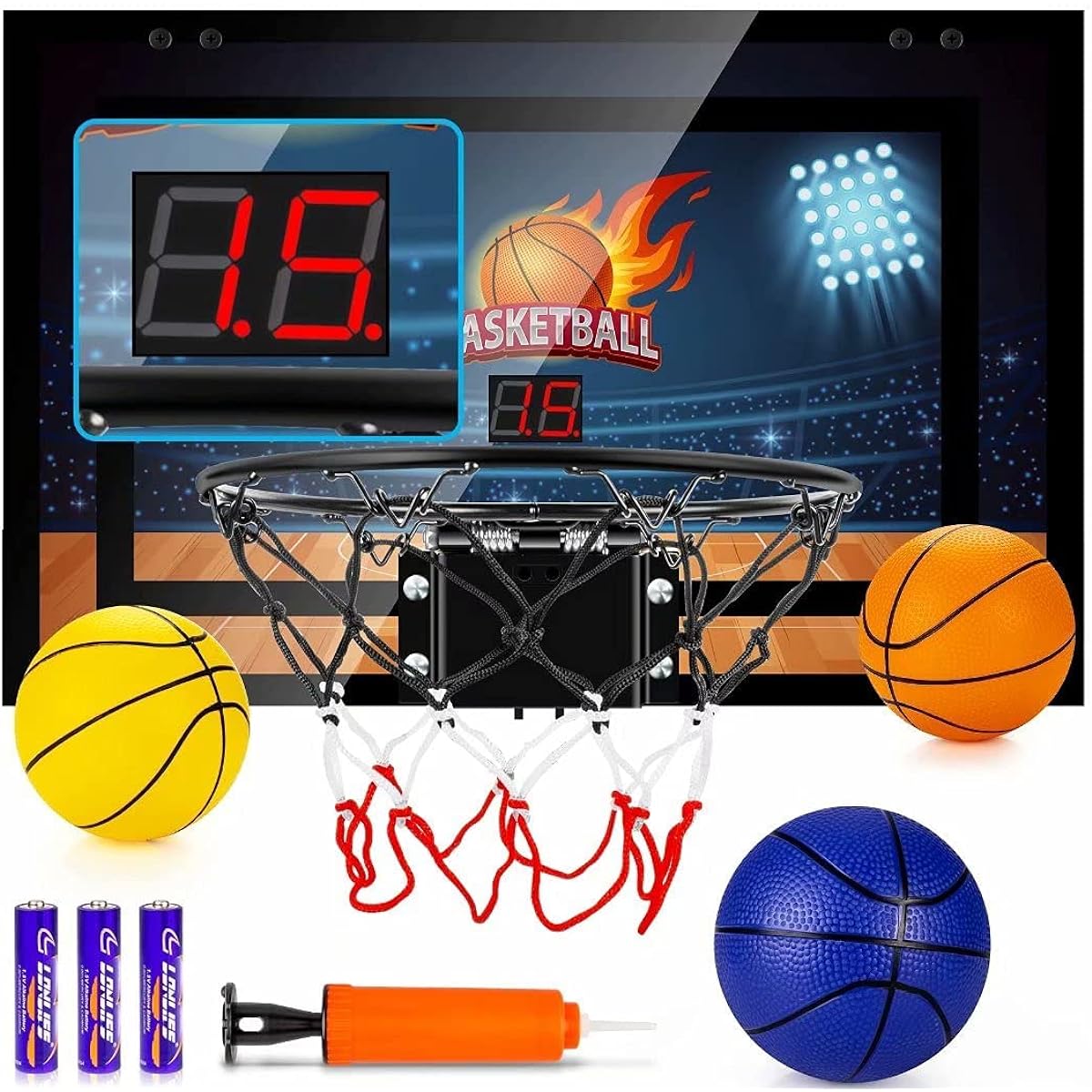 TREYWELL Indoor Basketball Hoop with Fun Backboard for Teens and Adults, Door Room Basketball Hoop, Mini Hoop with Electronic Scoreboard, 3 Balls and Battery, Basketball Toy for 8 9 10 11 12