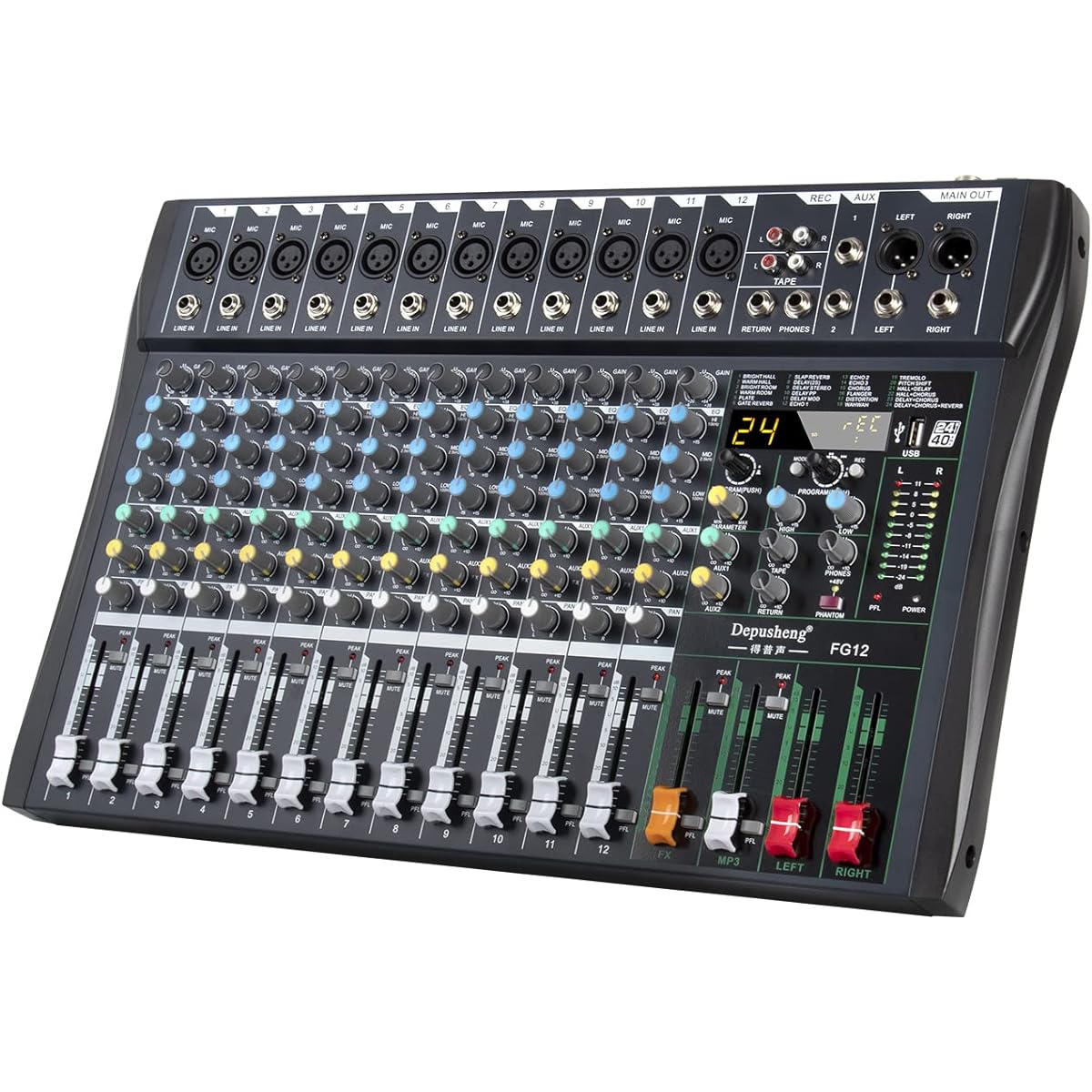 Depusheng FG12 Professional 12 Channel Mixer DJ Sound Console Studio Mixer with USB Player Bluetooth 24DSP Effects Processor XLR Microphone Jack 48V Phantom Power Bar for Recording Studio Outdoor Performance