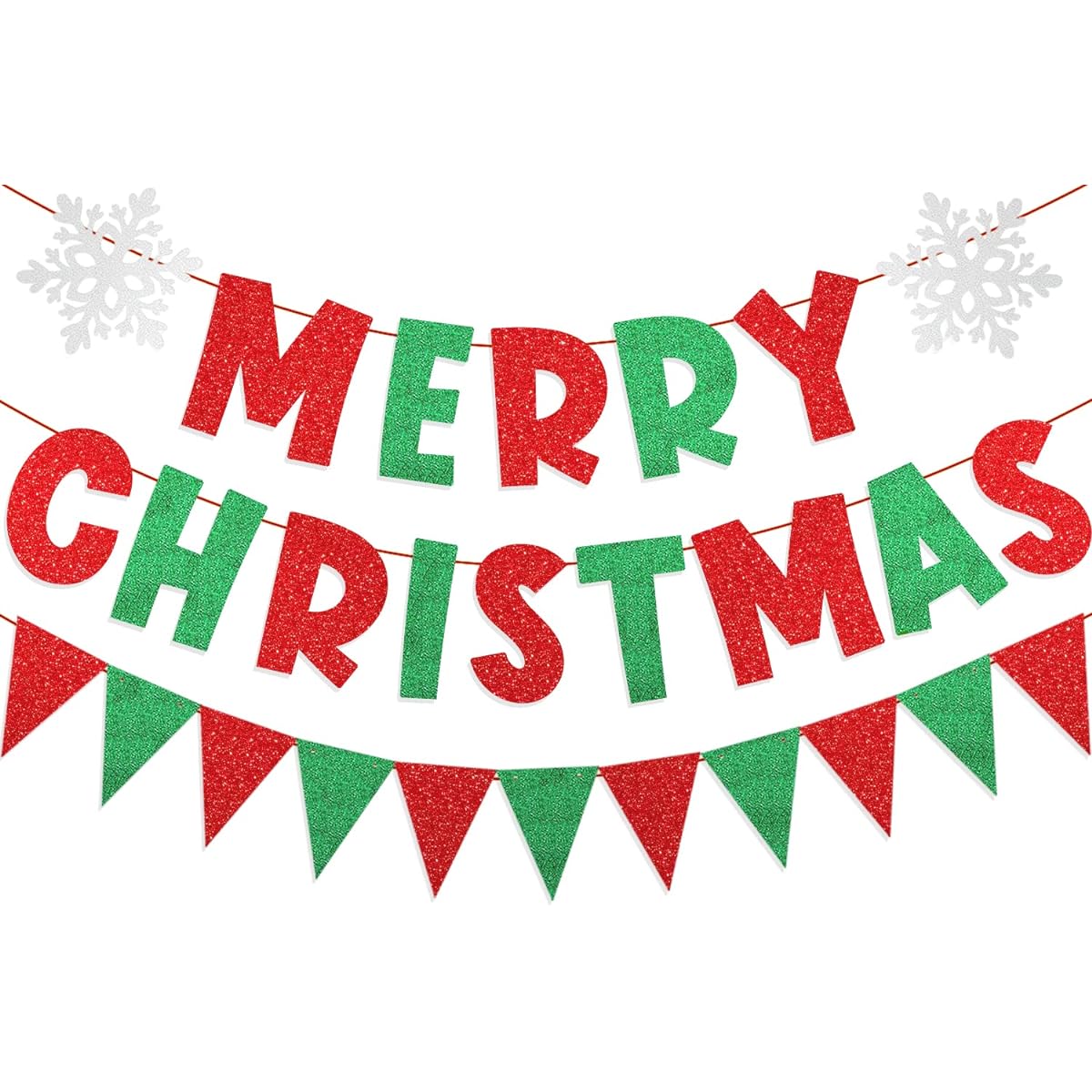 Merry Christmas Banner with Snowflake Sign Red & Green Glitter Christmas Pennant Banner Triangle Flag Christmas Party Decorations Drink Up Grinch Christmas Home Office Party Fireplace Mantel Decorations