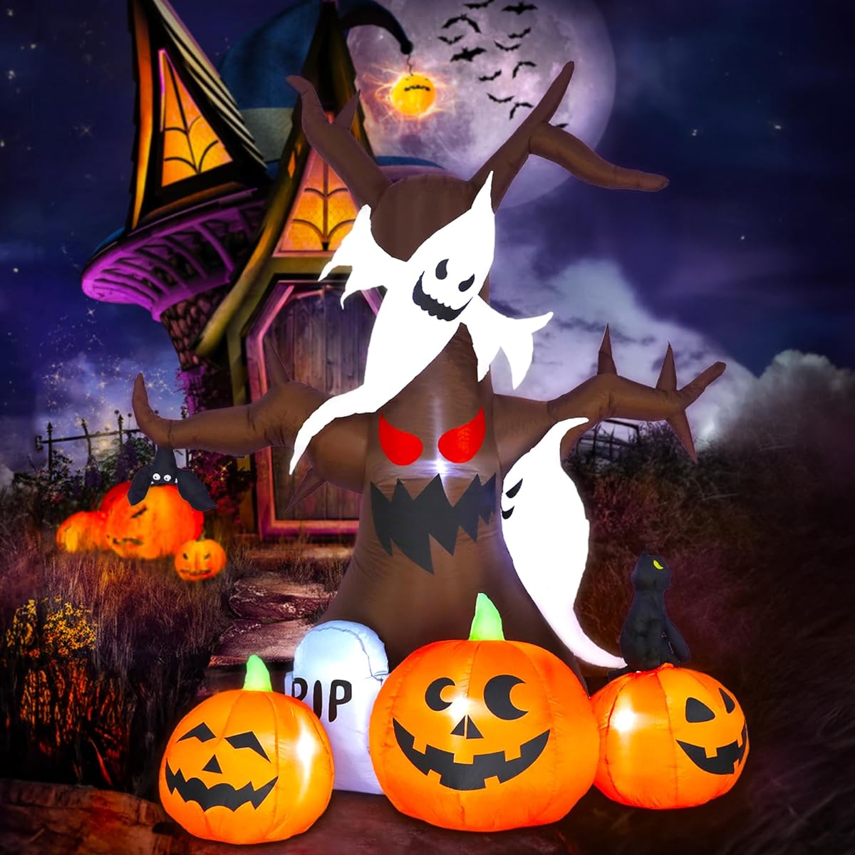 Dawdix 8ft Halloween Inflatable with Halloween Blowup Cat, 3 Pumpkin Lanterns, Ghost and 2 Gravestones Built-in LED Light for Holiday Party Garden Lawn Halloween Decorations
