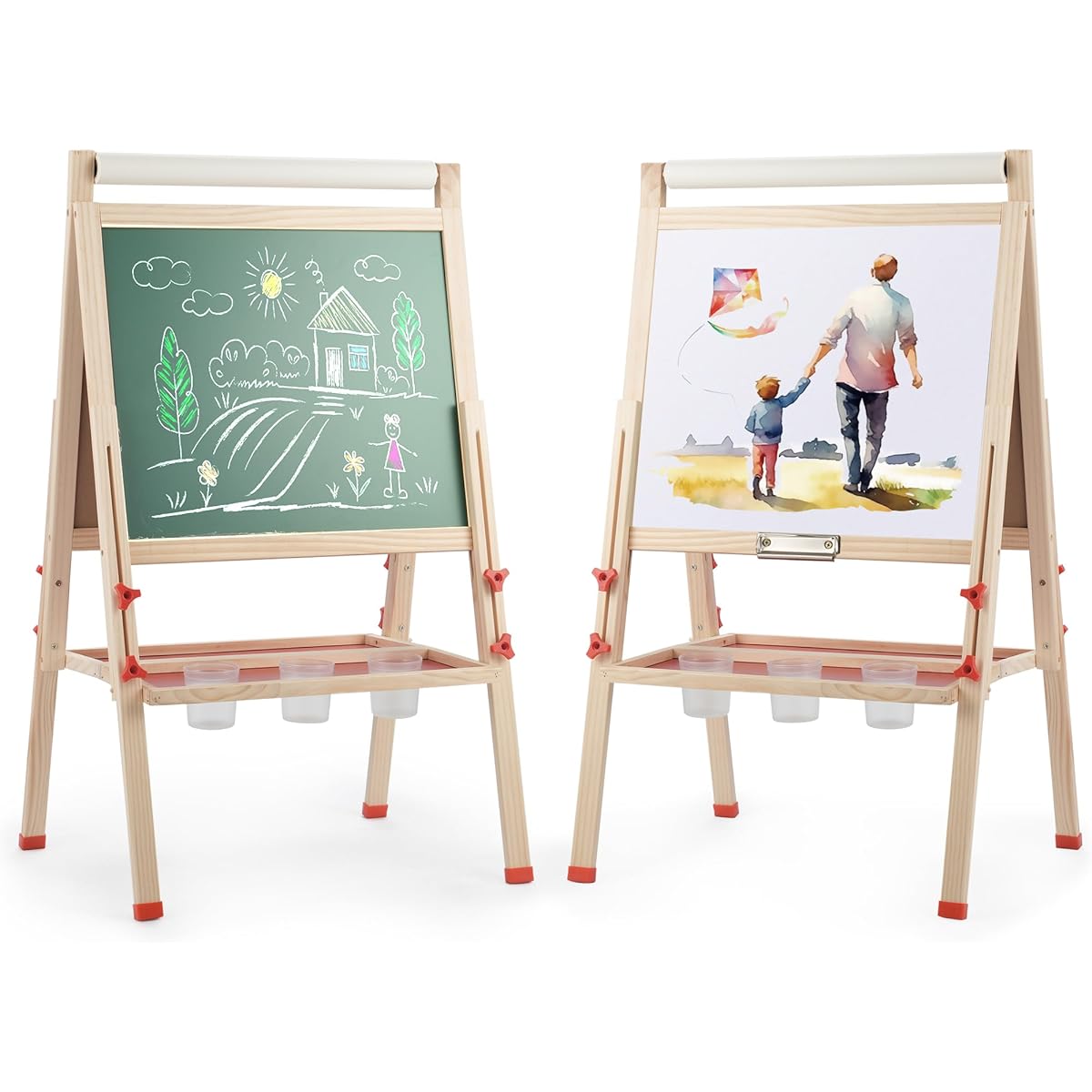 Rengue All-in-One Art Easel with Paper Roll Adjustable Double Sided Art Drawing Standing Chalkboard Ideal for Toddlers 3-12 Wooden