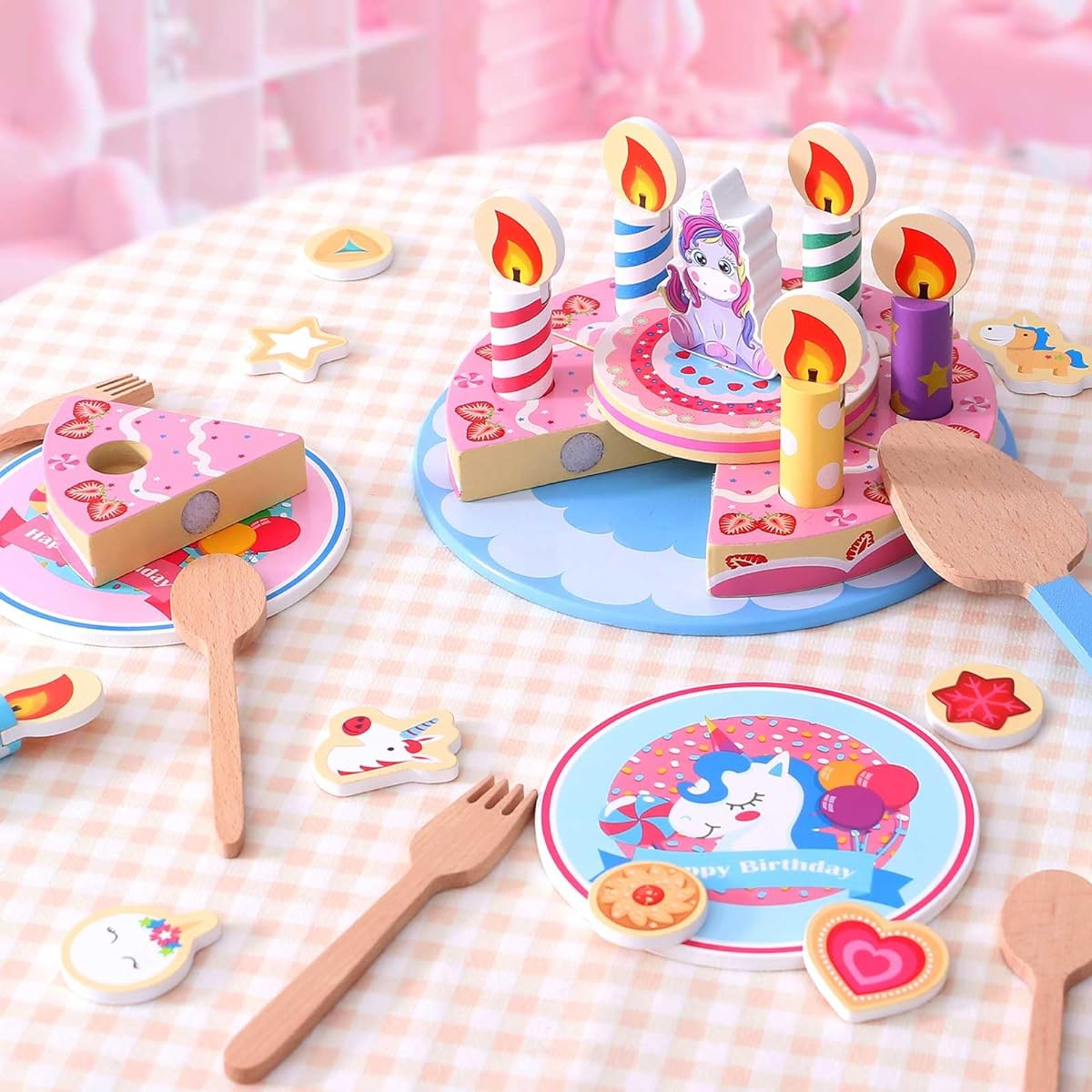 Wooden Birthday Cake Pretend Play Food Set - Unicorn