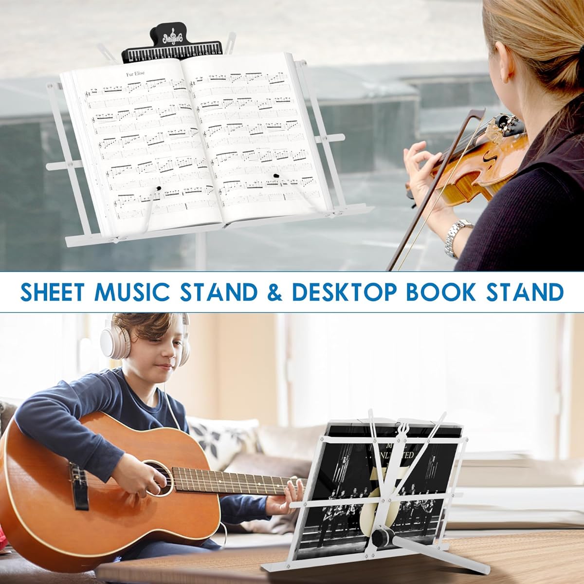 K KASONIC - Music Stand 2-in-1 Dual Use Folding Music Score & Desktop Book Stand Portable Lightweight with Music Clip Holder & Carry Bag Perfect for Musical Instrument Playing White