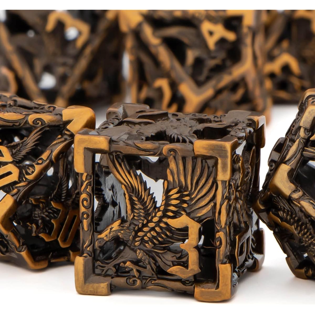 KERWELLSI Hollow Metal DND Dice Set D&D Dice 7 Piece Set D20 D12 D10 D8 D6 D4 Gold Role Playing Dice with Box Eagle Polyhedral Dice Set for Dungeons & Dragons Dice