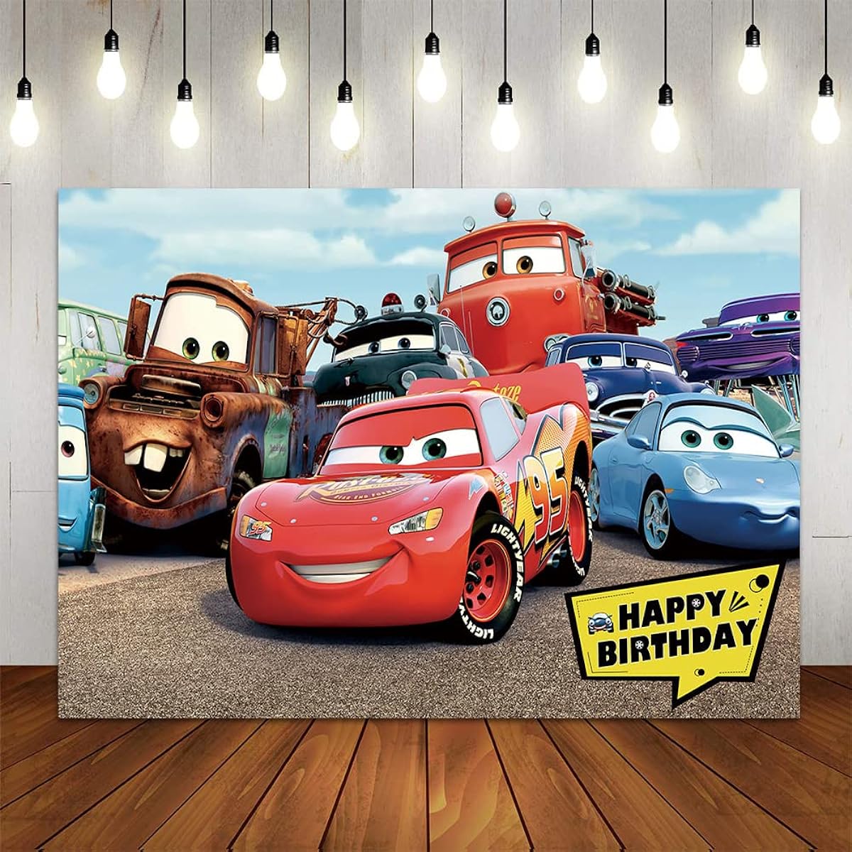 Cartoon Cars Birthday Party Theme Backdrop Clouds Blue Sky Public Road Photography Background 5x3ft Kids Happy Birthday Banner Baby Shower Photo Booth Studio Props Cake Table Decoration