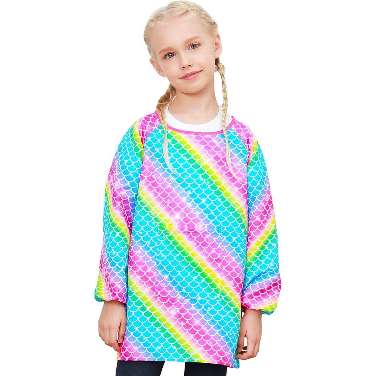PASHOP Kids Art Smock Unicorn Waterproof Painting Apron Smock for Girls and Boys Long Sleeve Knee Length Artist Smock with Pockets Ages 3-12 (Rainbow Mermaid Ages 8-12)