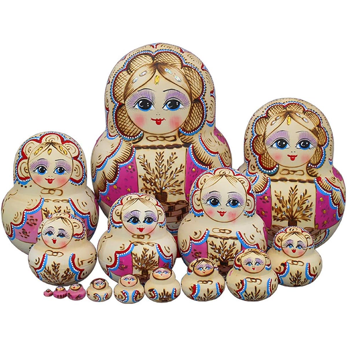 Ecosides Russian Nesting Dolls, Russian Handmade, 15 Pieces Russian Nesting Dolls, Russian Nesting Dolls Matryoshka Wooden Stacking Toys for Children Gifts (H, Height 22CM Width 10.5CM)